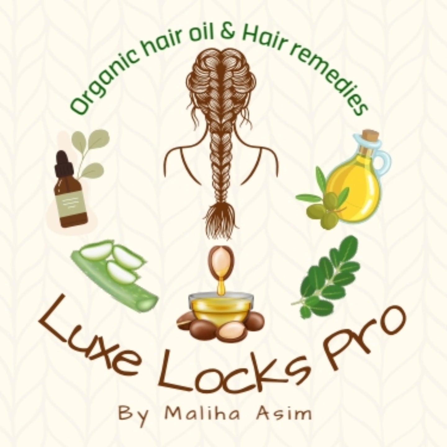 Logo for Luxe Locks Pro organic hair oil and remedies with illustrations of a bottle, leaves, and a bowl.
